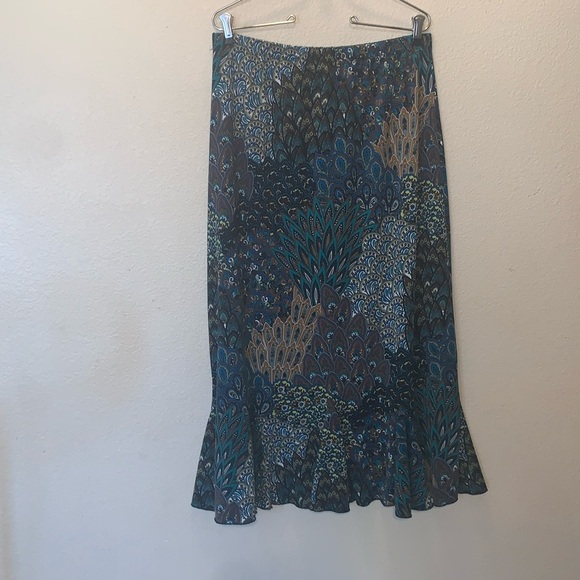 Miss Ashley Peacock Print Ruffle Bottom Stretchy Maxi Office Skirt - Picture 1 of 6